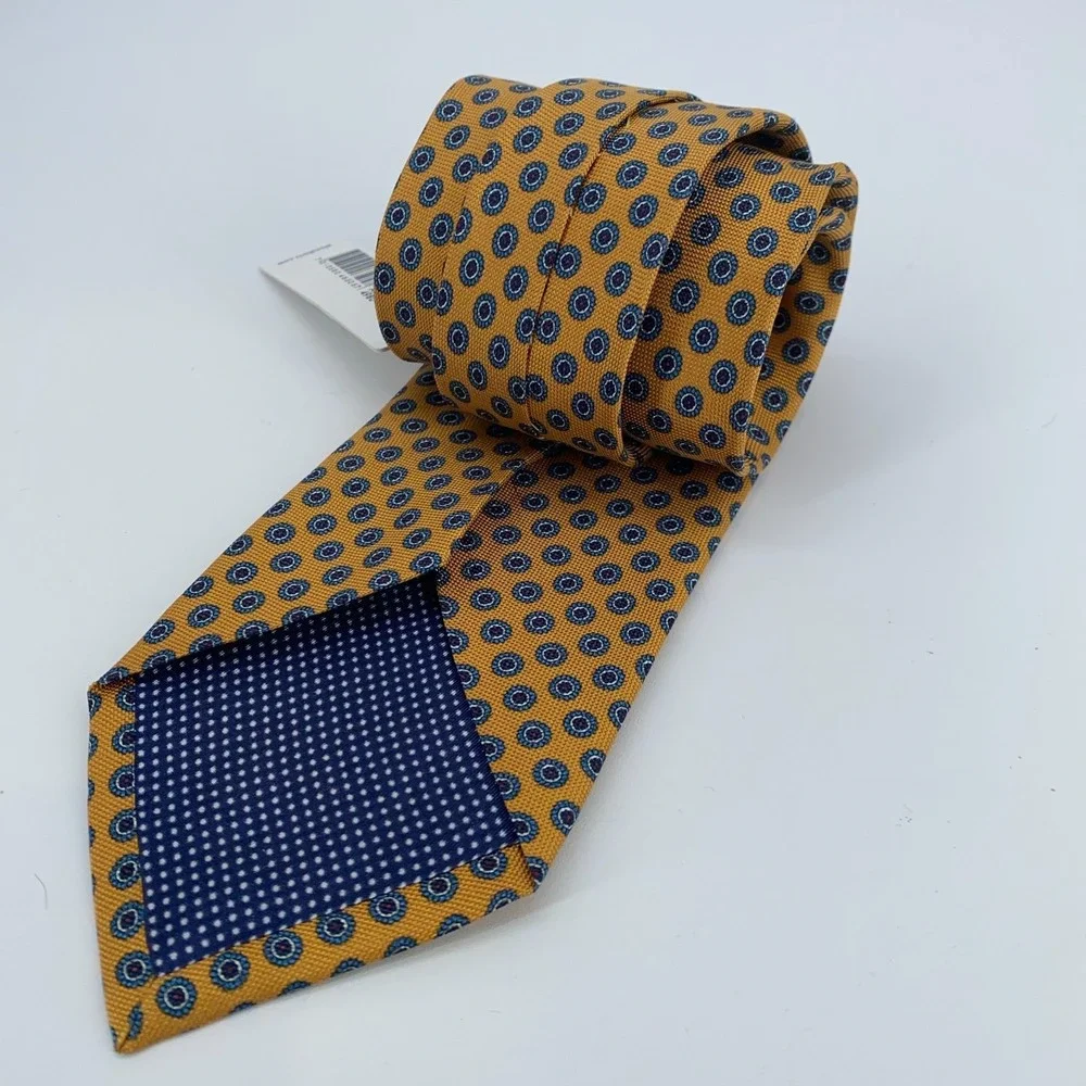 Eton Tie Mens One Size Yellow Blue Patterned Silk Classic Necktie Italy Made NWT